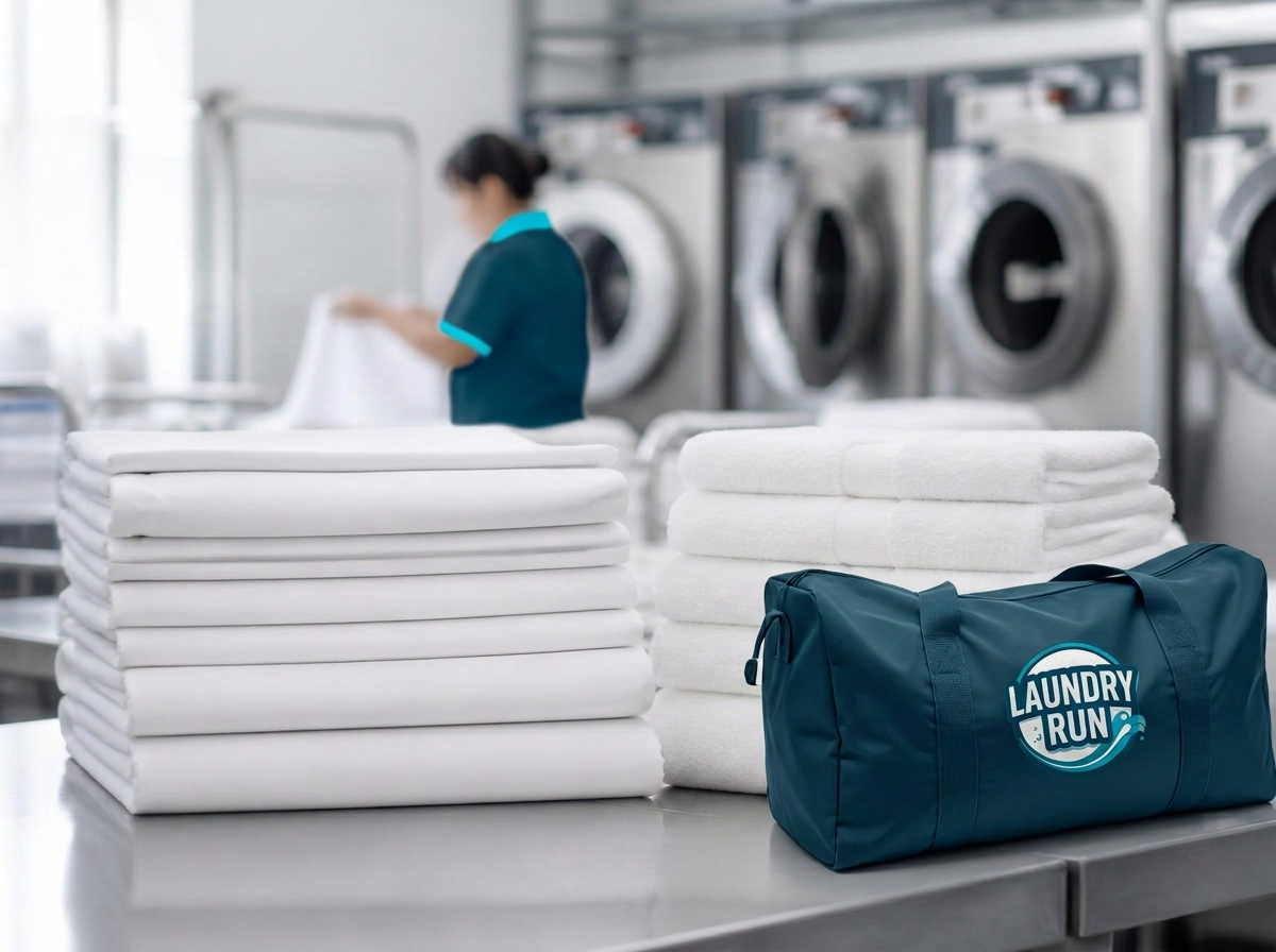 Neatly folded white commercial sheets and towels prepared for delivery in a professional laundry facility