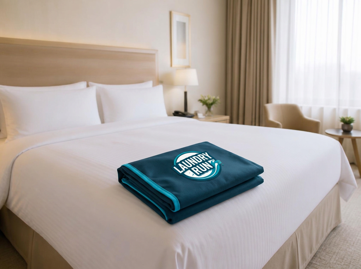 Hotel bed made with crisp white sheets and a stack of folded white towels