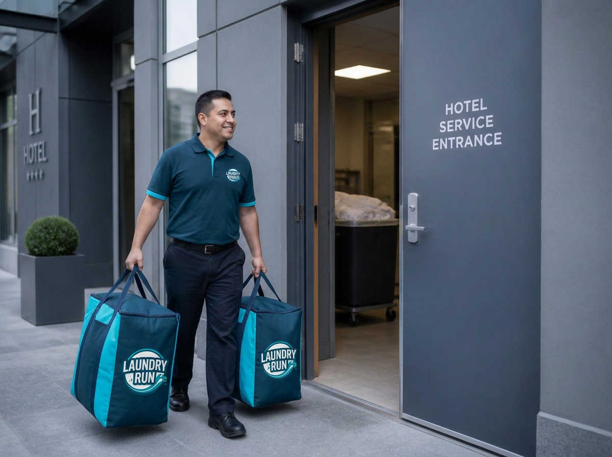 Laundry Run team member carrying bagged clean linens into a hotel service entrance